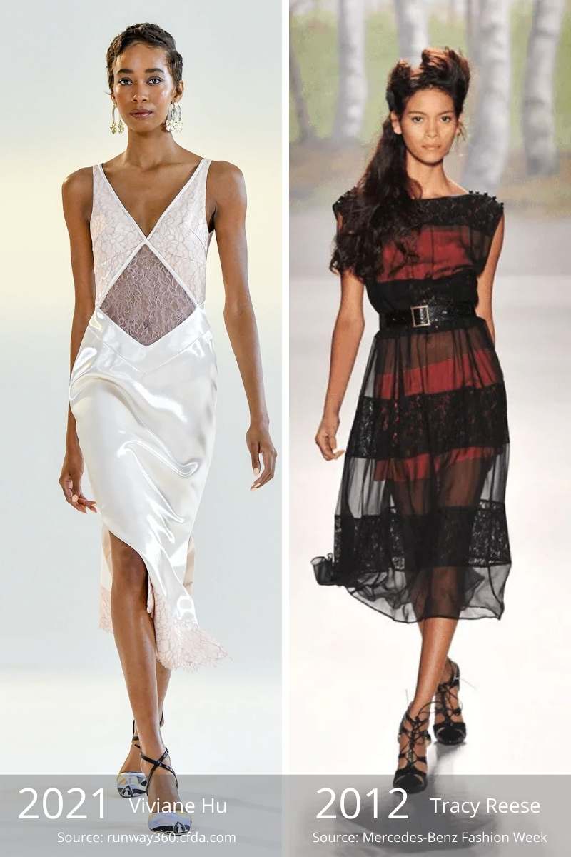 Tendencias de la moda antigua frente a las nuevas: lado a lado del vestido de panel transparente de 2021 y el vestido de superposición transparente de 2012.