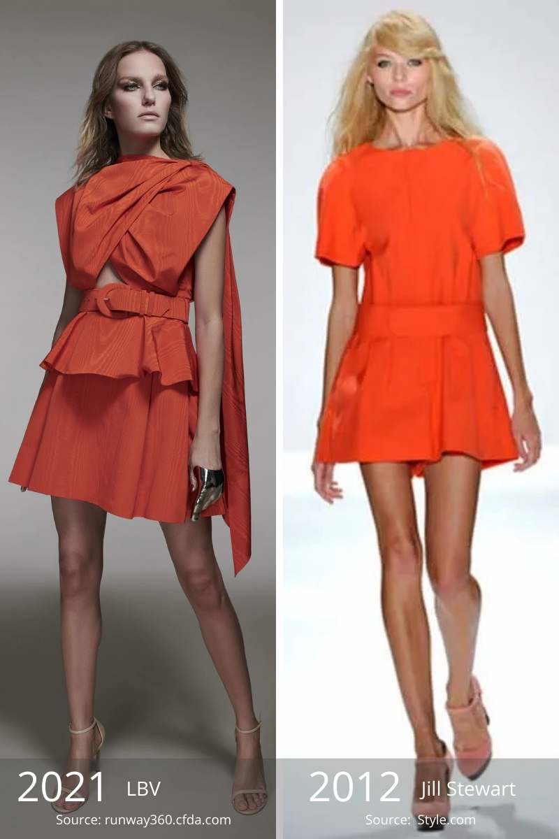 Al lado del vestido naranja 2021 y el vestido naranja 2012.