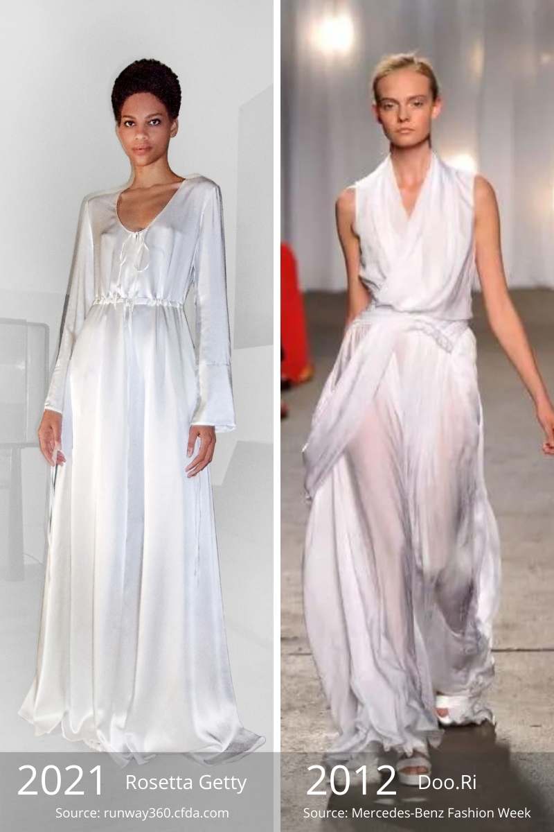 Lado a lado del vestido blanco de 2021 vs. el vestido blanco de 2012.