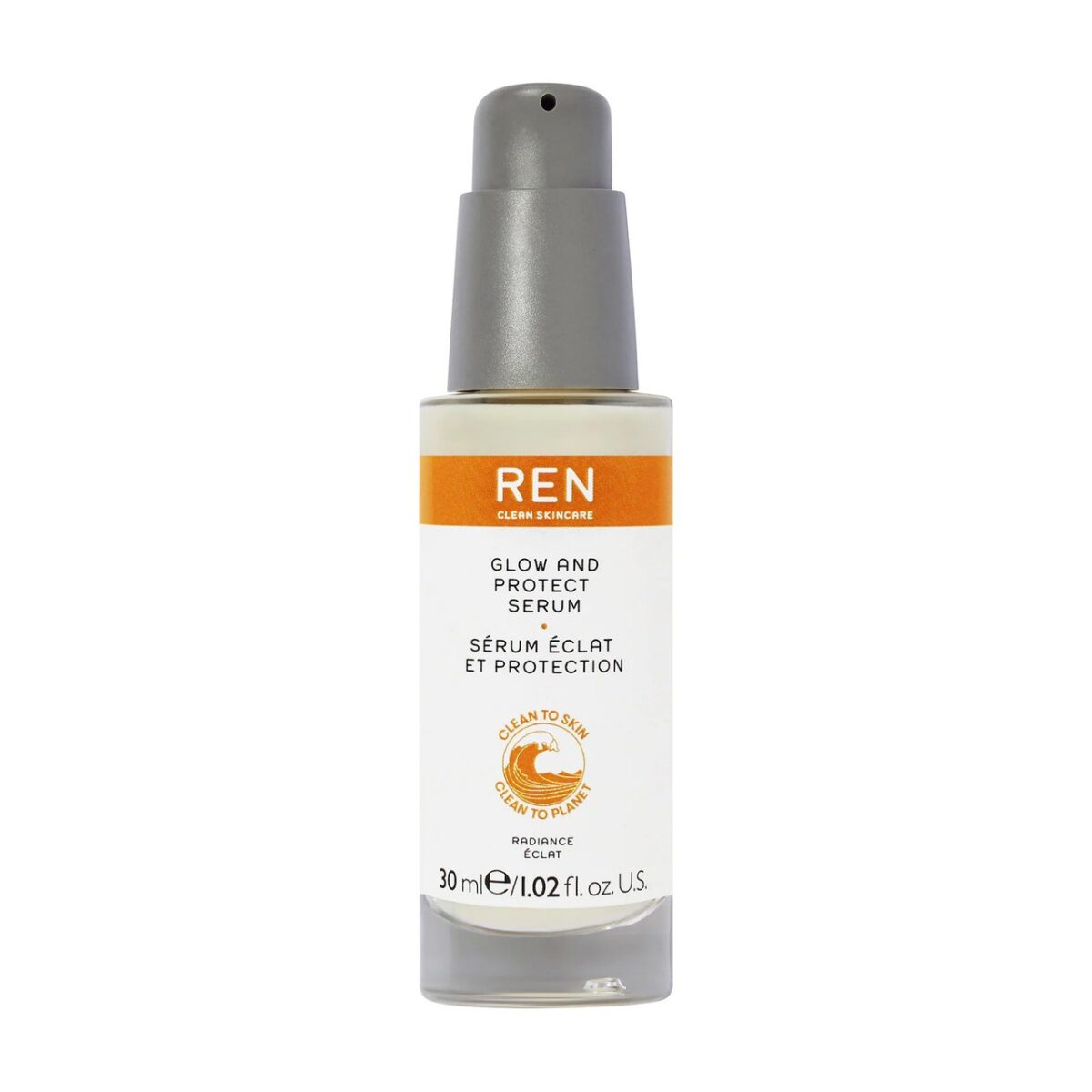 Ren Clean Skincare Sérum Luminoso y Protector frasco con tapón de bomba gris sobre fondo blanco