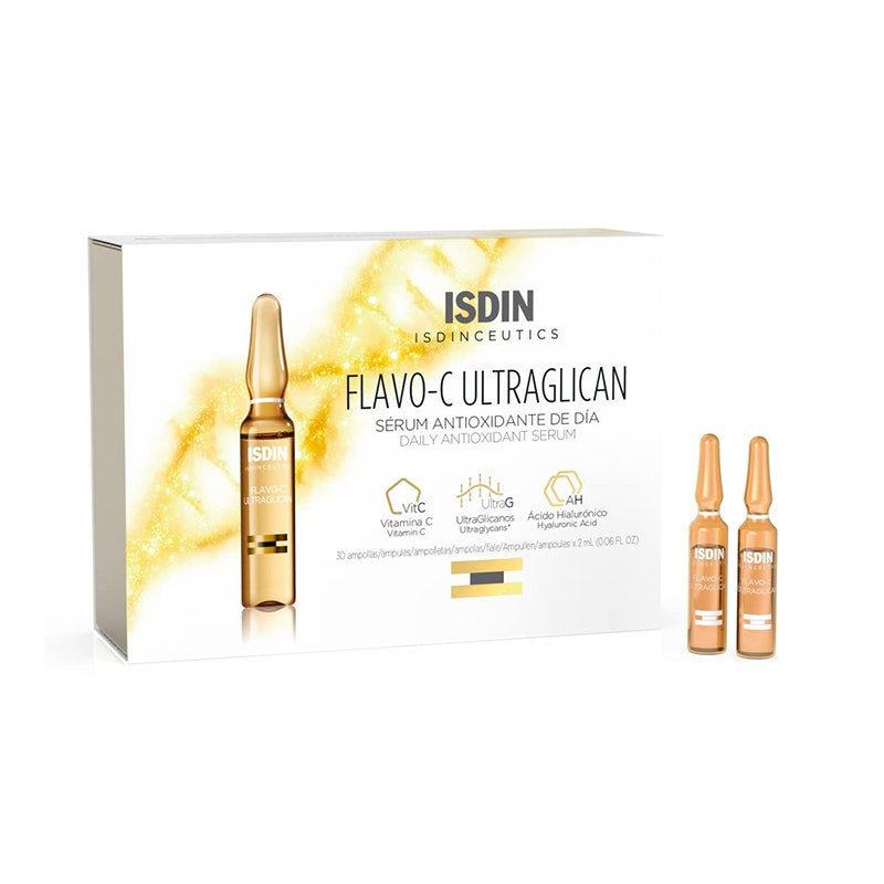 Un envase vial de Isdin Isdinceutics Flavo-C Ultraglican Daily Antioxidant Serum sobre fondo blanco.