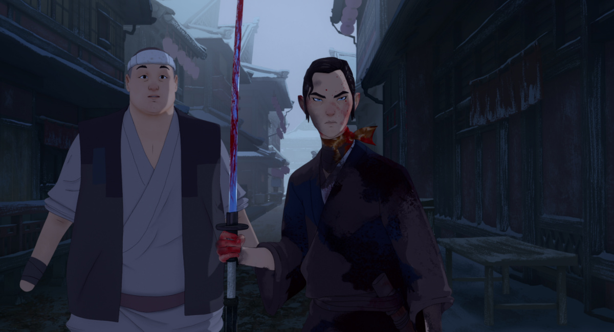 Masi Oka como Ringo y Maya Erskine como Mizu en “Blue Eye Samurai”.
